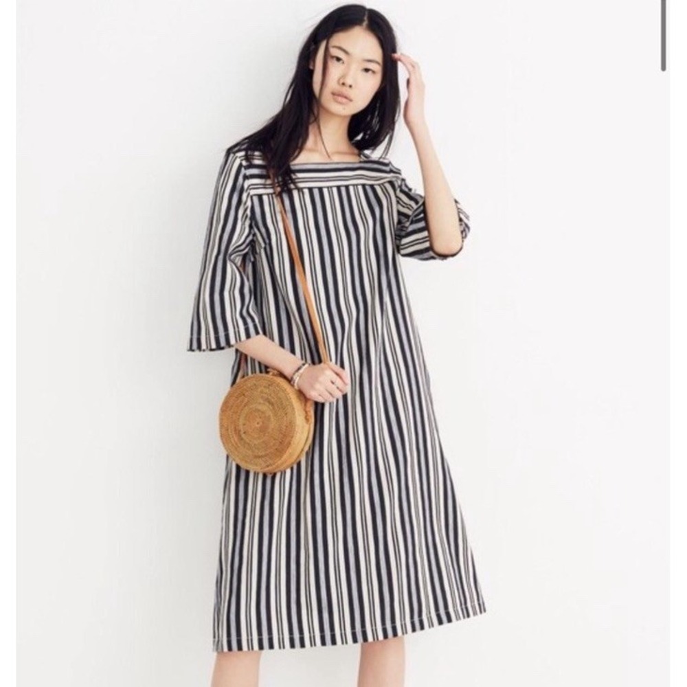 Madewell Evelyn Stripe Square-Neck Midi Dress Pockets Linen Blend BLK Cream XXL